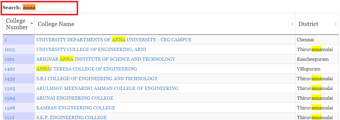 filter colleges in TNEAhelp colleges list