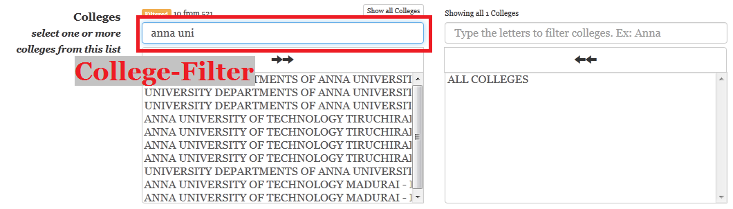 add colleges in TNEAhelp colleges-finder - using filters