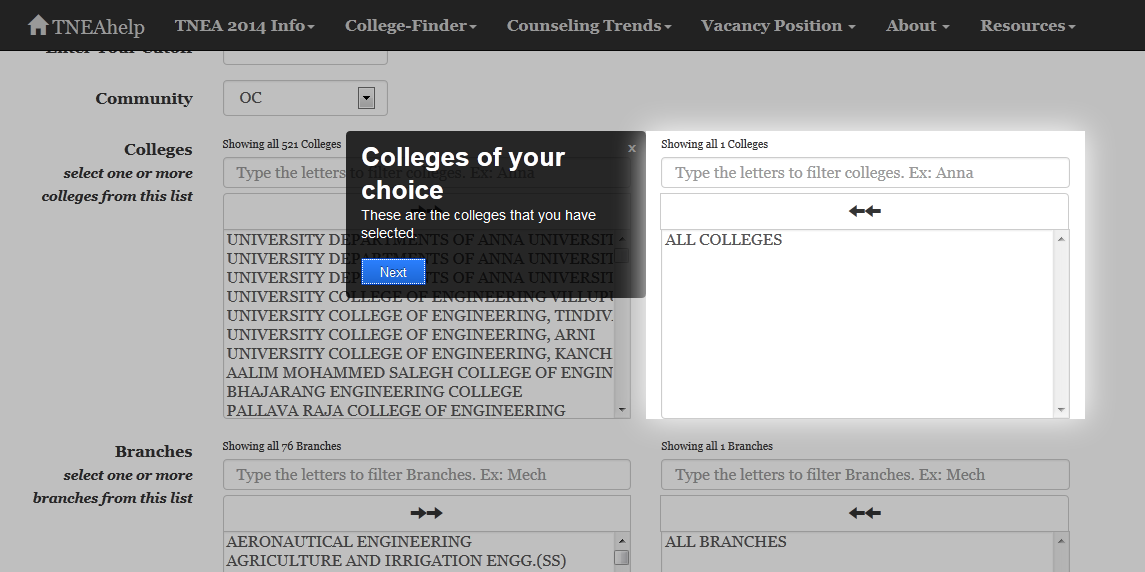 TNEAhelp College-Finder page-tour
